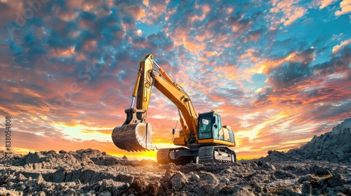 Wallpaper Mural big excavator in construction site on sunset sky background Torontodigital.ca