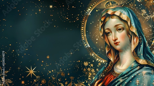 A painting of the Immaculate Conception with a blue robe and a tear on her cheek