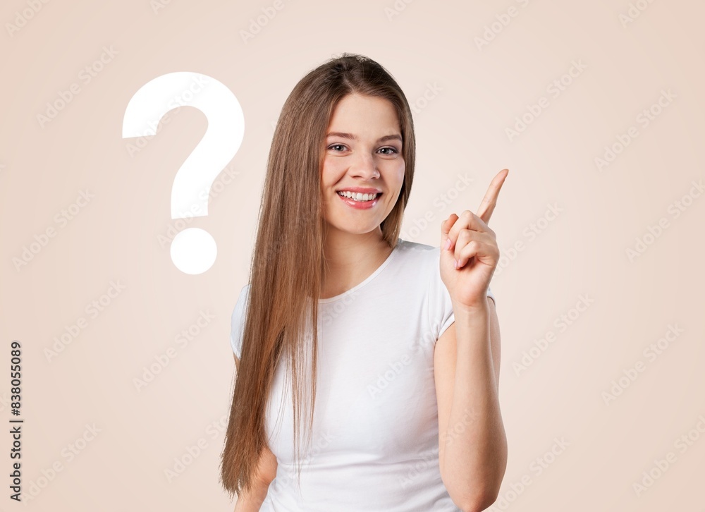 Smart clever young lady and question mark