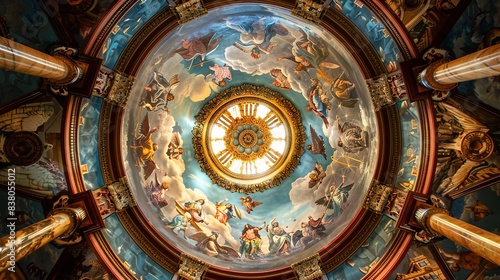 The magnificent ceiling and dome of the orthodox cathedral. Action. Bottom view of the church interior, concept of religion and architecture. photo