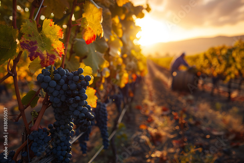 A picturesque vineyard during harvest season  workers picking grapes  scenic rows of vines  and a warm autumnal glow