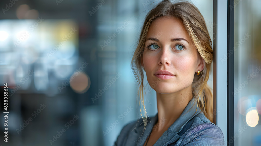 Female Executive Contemplating Business Strategy While Looking Out Window with Concern Realistic Photo Stock Concept Female Executive Contemplating Business Strategy While Looking Out Window with Concern Realistic Photo Stock Concept