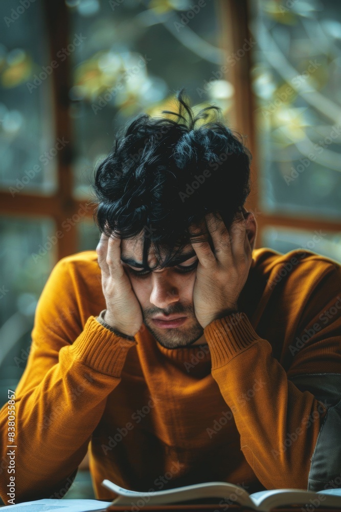 A person who sits with a confused or annoyed expression. It symbolizes mental exhaustion and struggling to concentrate. A person who sits with a confused or annoyed expression. It symbolizes mental exhaustion and struggling to concentrate.