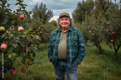 elder man farmer, in apple orchard, organic fruit.