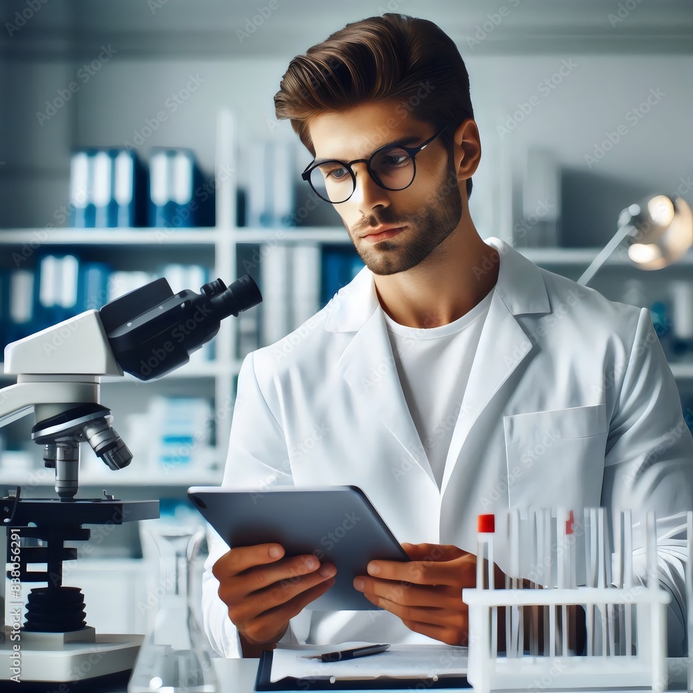 a young doctor scientist looking through microscope a young doctor scientist looking through microscope