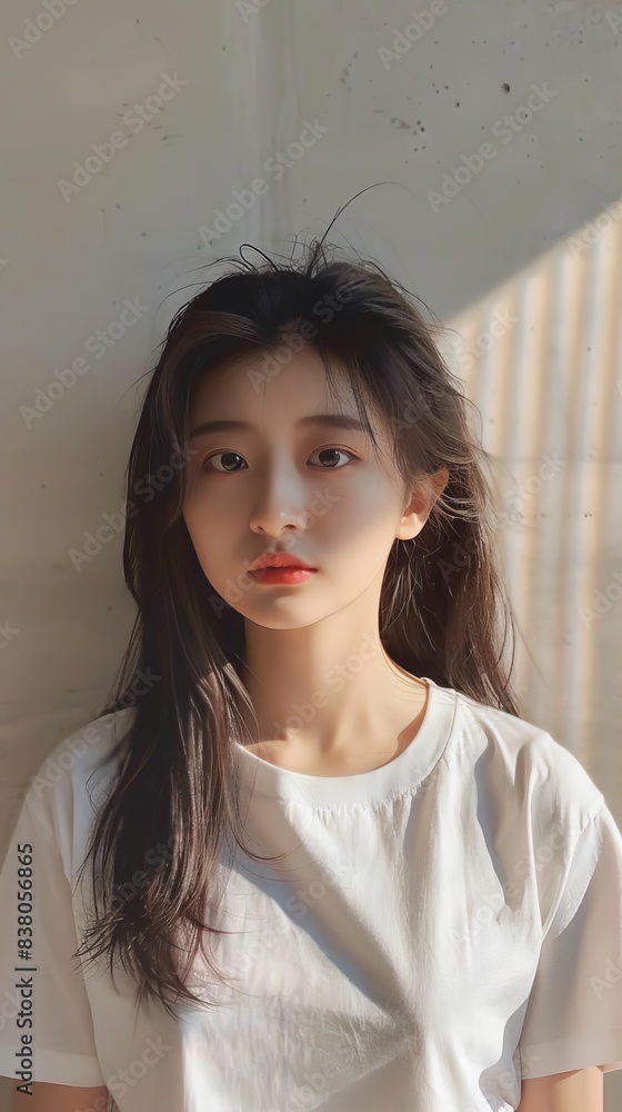a chinese girl, wearing white tshirt, a chinese girl, wearing white tshirt,