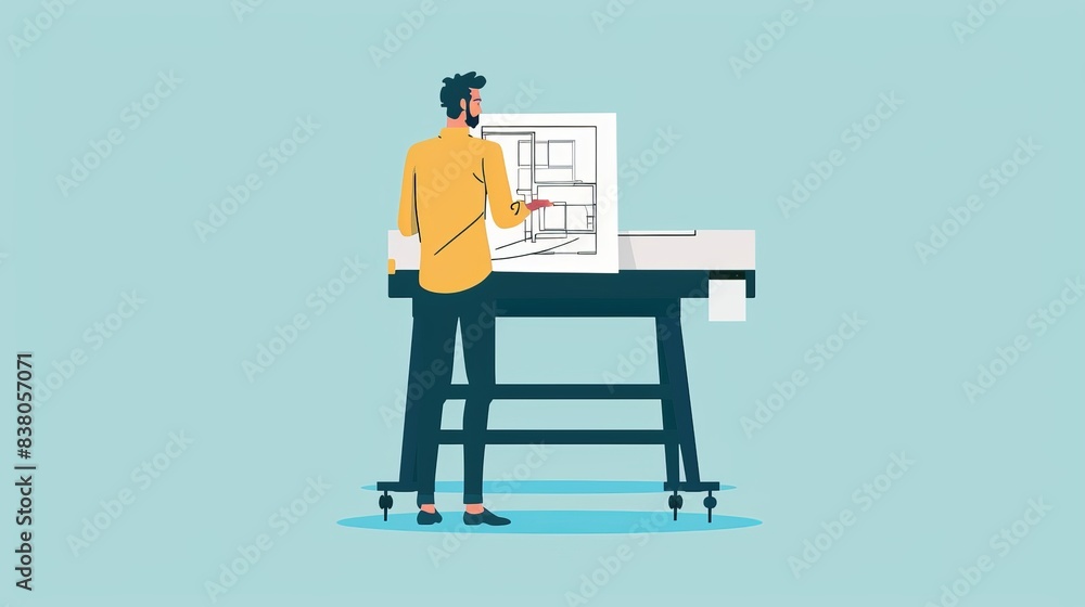 Architect drawing on a large format printer, whole body, solid color background, flat style Architect drawing on a large format printer, whole body, solid color background, flat style