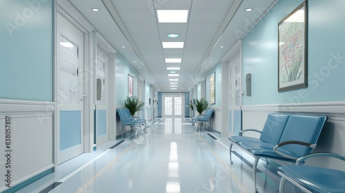 hospital bright corridor with rooms and blue seats 3D rendering