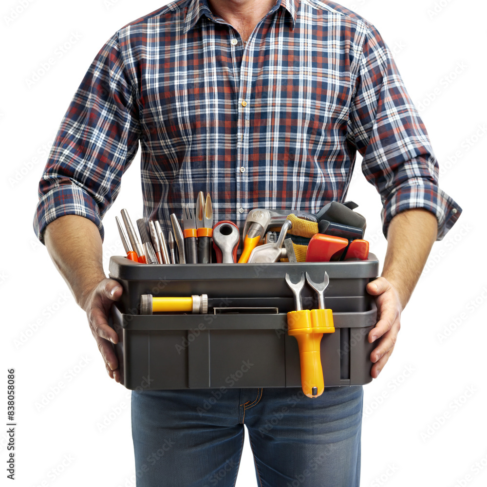A man is holding a toolbox with various tools in it A man is holding a toolbox with various tools in it