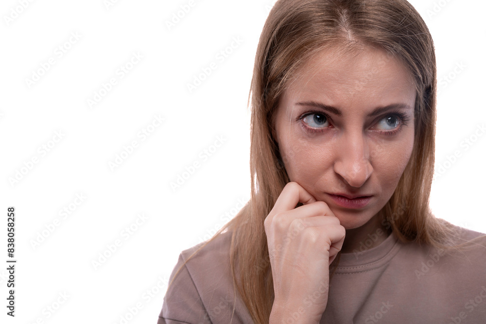 Close-up of a caucasian blond woman wearing a t-shirt Close-up of a caucasian blond woman wearing a t-shirt