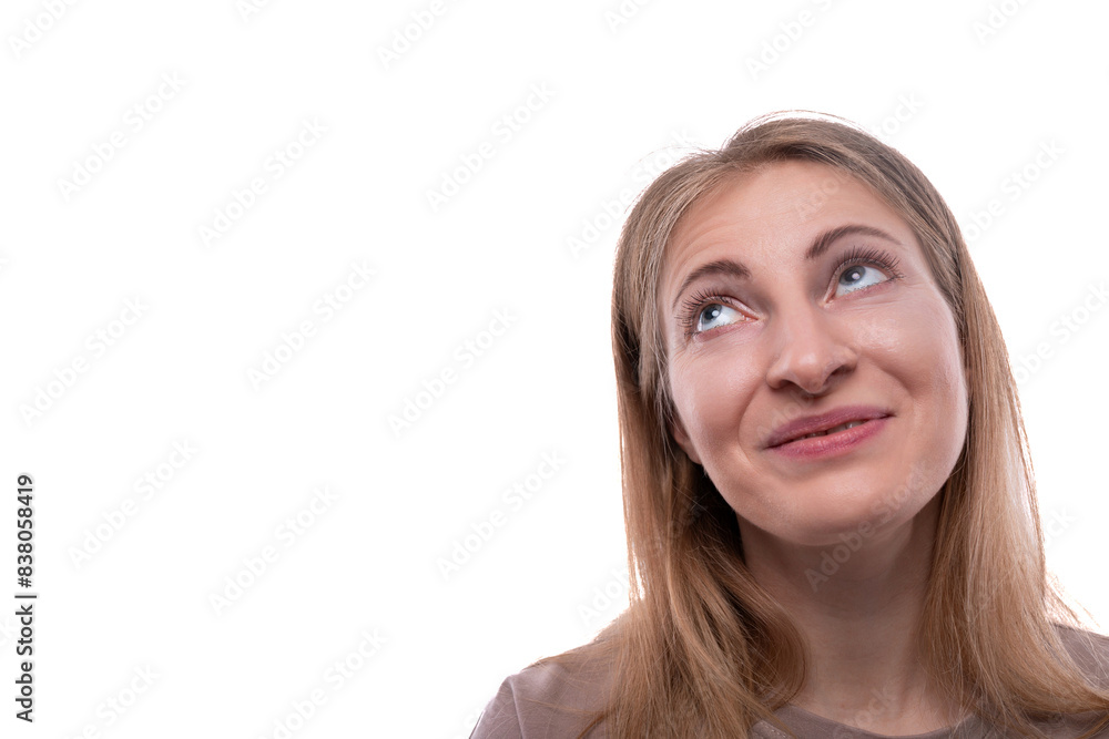 Close-up of a caucasian blond woman wearing a t-shirt Close-up of a caucasian blond woman wearing a t-shirt
