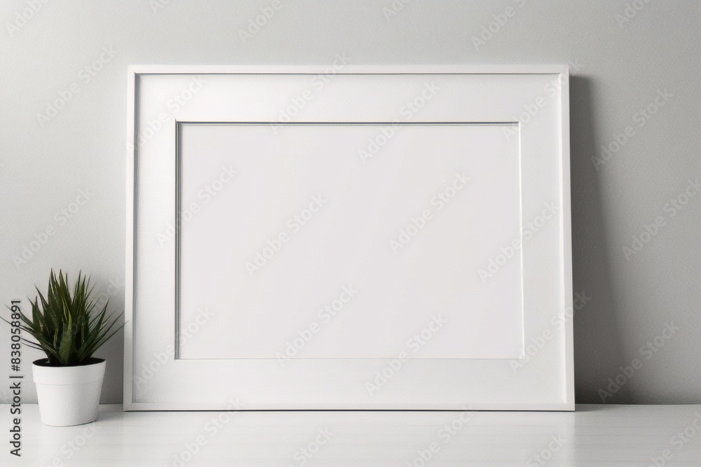 Maqueta de marco de póster de imagen de madera mínima sobre papel tapiz blanco Maqueta de marco de póster de imagen de madera mínima sobre papel tapiz blanco