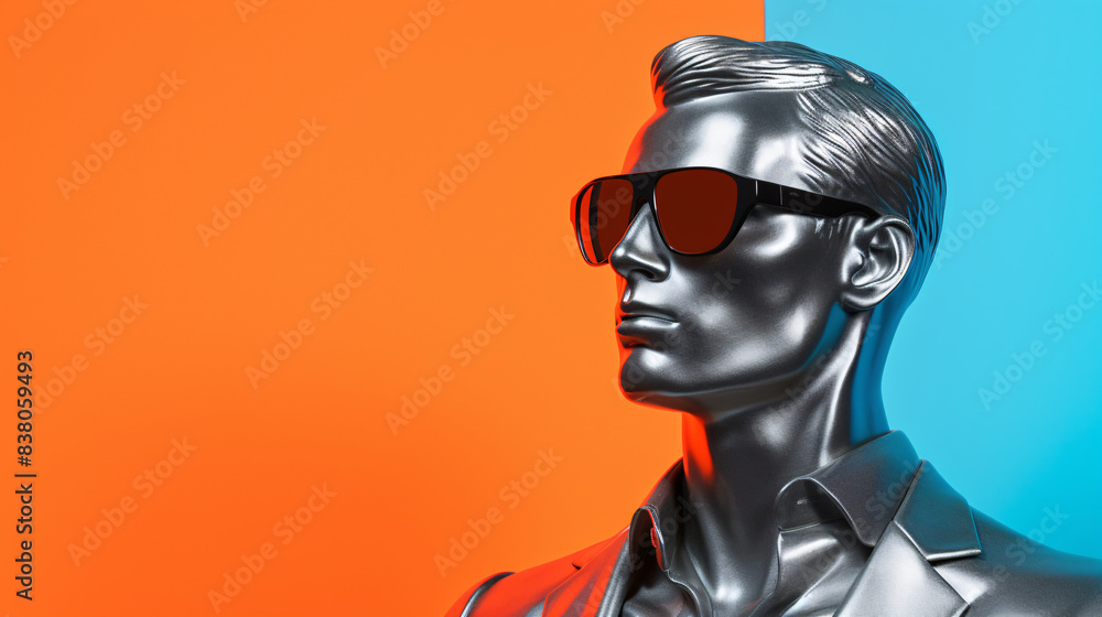 Human-like statue wearing sun glasses on colorful vibrant background. Modern and eye-catching design. Human-like statue wearing sun glasses on colorful vibrant background. Modern and eye-catching design.