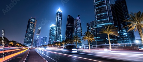 long exposure photo of modern architecture in abu dhabi at night with skyscrapers and palm trees