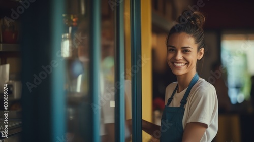 Portrait of a happy owner standing at the door of cefe shop, a cheerful adult waiter waiting for customers at a coffee shop, successful small business owner, professional, service photo