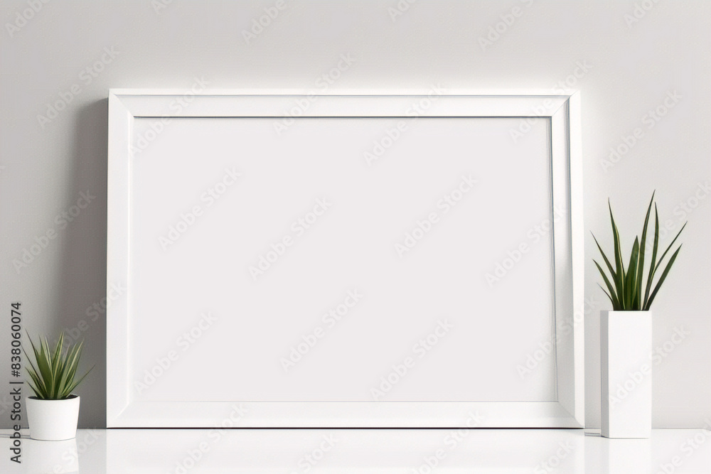 Maqueta de marco de póster de imagen de madera mínima sobre papel tapiz blanco Maqueta de marco de póster de imagen de madera mínima sobre papel tapiz blanco