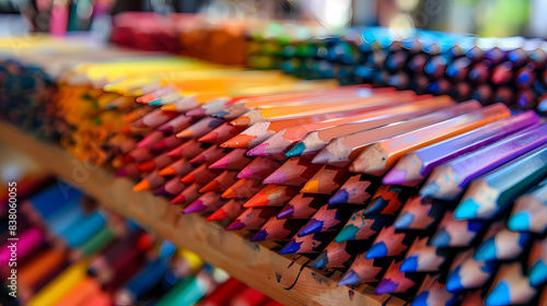 Photo de crayons de couleurs alignés et rangés dans une classe d'école