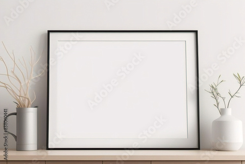 Maqueta de marco de póster de imagen de madera mínima sobre papel tapiz blanco 