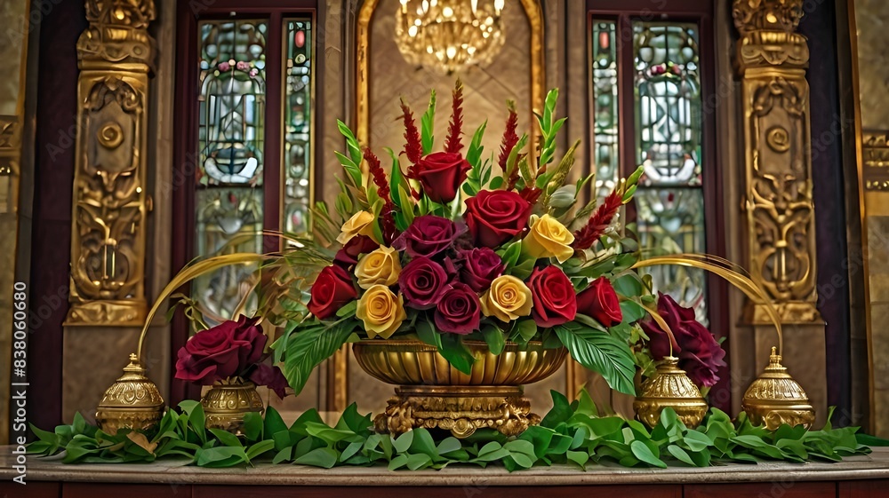 Fototapeta premium Set of flower arrangements Flower maroon green leaves and gold floral illustration for wedding card