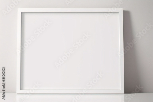 Maqueta de marco de p  ster de imagen de madera m  nima sobre papel tapiz blanco 
