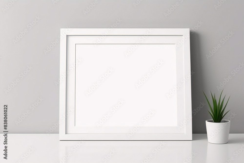 Maqueta de marco de póster de imagen de madera mínima sobre papel tapiz blanco Maqueta de marco de póster de imagen de madera mínima sobre papel tapiz blanco