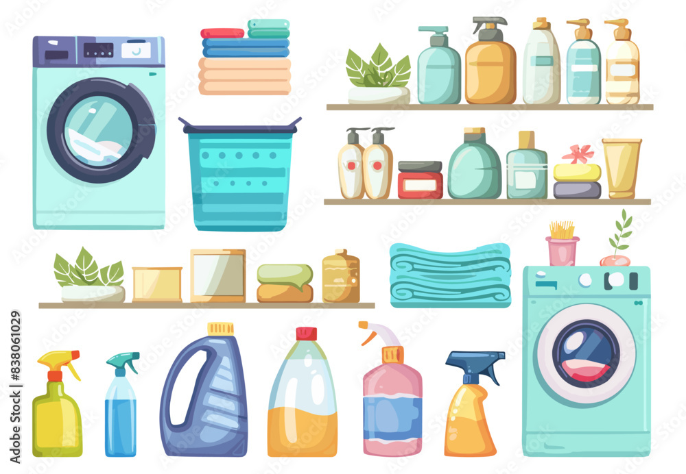 Bathroom accessories. Washing machine shampoo bottles spray shelf. Bathroom self hygiene items. Vector cartoon clipart collection Bathroom accessories. Washing machine shampoo bottles spray shelf. Bathroom self hygiene items. Vector cartoon clipart collection