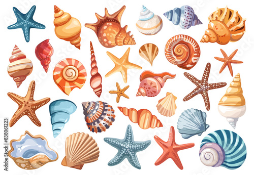 Colored sea shells set, molluscs, ocean snails, starfish. Nautical and marine design elements. Underwater decorations vector set