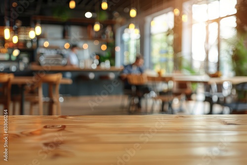 Wallpaper Mural Modern co-working building relaxation lounge are or spacious bright cafe. Closeup to wooden table with chairs and blurred background with cafe area and barista serving organic drinks Torontodigital.ca