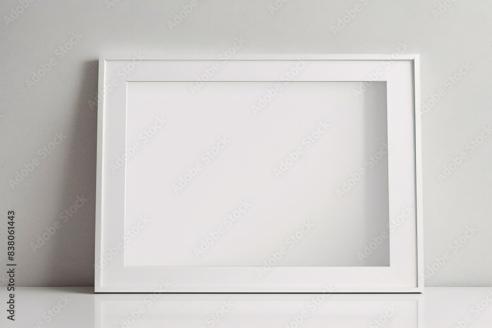 Maqueta de marco de póster de imagen de madera mínima sobre papel tapiz blanco Maqueta de marco de póster de imagen de madera mínima sobre papel tapiz blanco