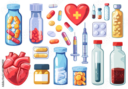 Medical and pharmacy elements. Pills and drugs, blood test tube. Heart with pulse. Medical bottles, pill blisters and medications vector clipart
