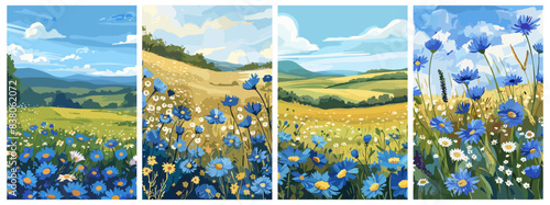 Meadow flowers posters set. Summer field. Countryside rural scene landscape. Blue cornflower and chamomile. Nature spring beauty. Vector cards