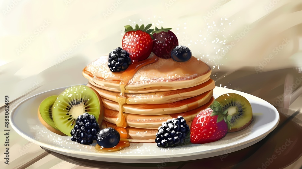 Stack of pancakes with fresh fruits and syrup on a white plate Stack of pancakes with fresh fruits and syrup on a white plate