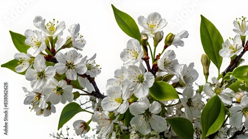 Spring floral corners arrangements with small green leaves and flowers of cherry isolated on white or transparent background. Spring header.