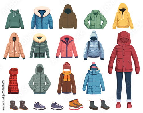Winter and fall season clothes set. Casual stylish outfits. Seasonal autumn wear. Jacket shoes hat scarf and sweatshirt. Vector collection
