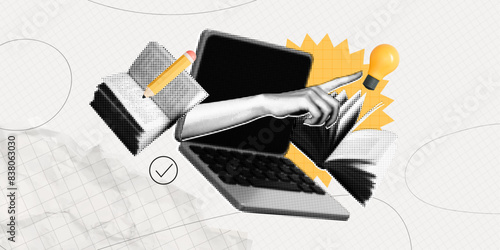 Trendy Halftone Collage Online education concept. Computer laptop with hand, floating books and lightbulb. News course, webinar. Smart thinking and brainstorming. Contemporary vector art illustration
