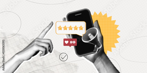 Trendy Halftone Collage Woman Hand holds Phone giving gold five star rating feedback. Best score point to review service. Five star for quality customer rating. Contemporary vector art illustration