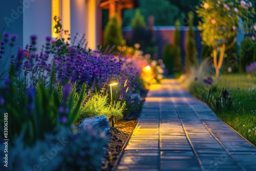 Modern gardening landscaping design details. Illuminated pathway in front of residential house. Landscape garden with ambient lighting system installation highlighting flowers plants