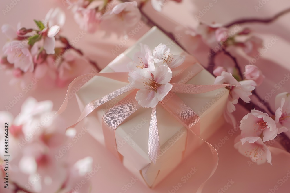 Small elegant present gift box with tiny pale pink satin ribbon decorated with blooming sakura flowers on pale pink background