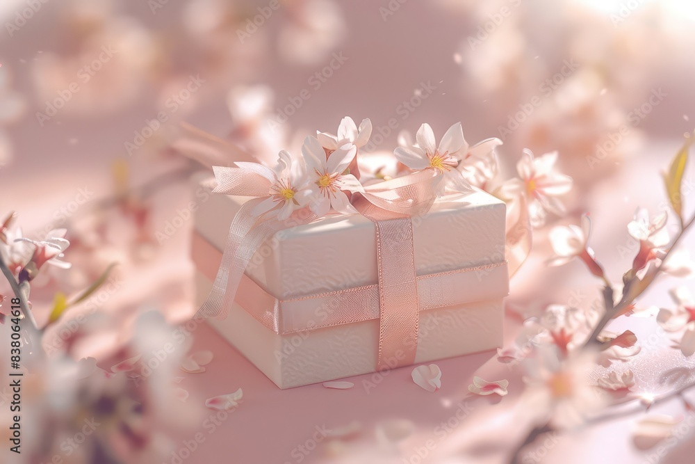 Small elegant present gift box with tiny pale pink satin ribbon decorated with blooming sakura flowers on pale pink background Small elegant present gift box with tiny pale pink satin ribbon decorated with blooming sakura flowers on pale pink background