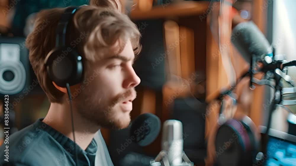 Young Man Recording in Professional Studio with Ai generated.

