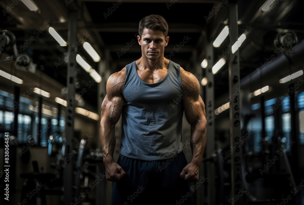 Naklejka premium Bodybuilder is flexing, showing off his physique after a hard workout