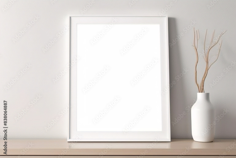 Maqueta de marco de póster de imagen de madera mínima sobre papel tapiz blanco Maqueta de marco de póster de imagen de madera mínima sobre papel tapiz blanco