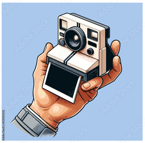 A cartoon-style illustration of a hand holding a vintage instant camera with a developing photo, set against a light blue background