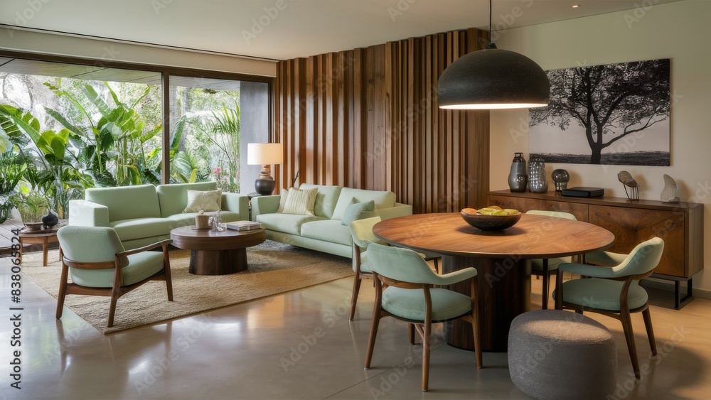 Obraz premium Serene Contemporary Living Room with Nature-Inspired Interior Design