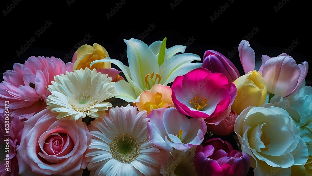 Close up view of beautiful tender various flowers isolated on black Close up view of beautiful tender various flowers isolated on black
