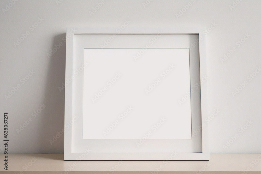 Maqueta de marco de póster de imagen de madera mínima sobre papel tapiz blanco Maqueta de marco de póster de imagen de madera mínima sobre papel tapiz blanco