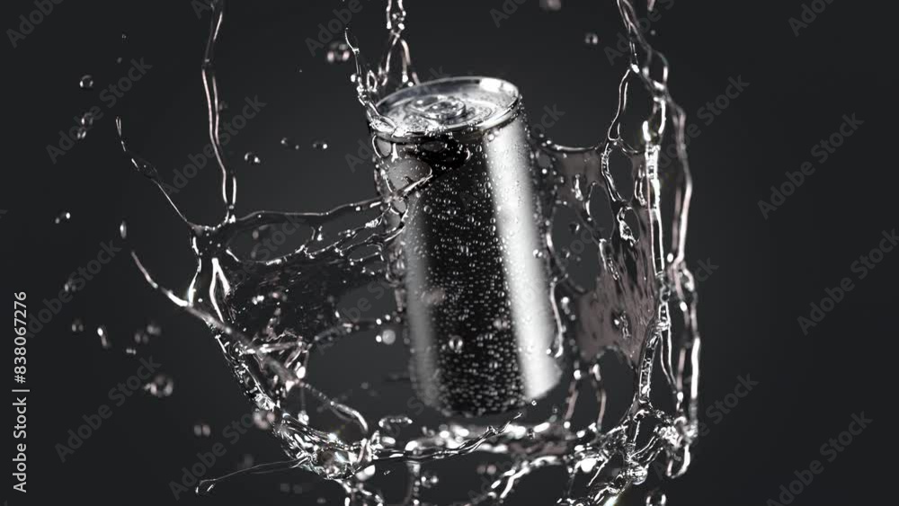 Soda can falling water splash slow motion, depth of field Soda can falling water splash slow motion, depth of field