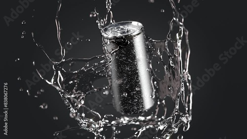 Soda can falling water splash slow motion, depth of field