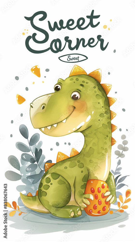 Fototapeta premium A cartoon dinosaur holding a cake. The image is titled Sweet Corner
