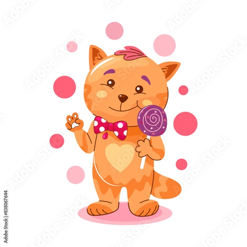  Cute fat cat with a lollipop. Cat has a sweet tooth. Flat design for printing on a T-shirt or on paper. Vector. 